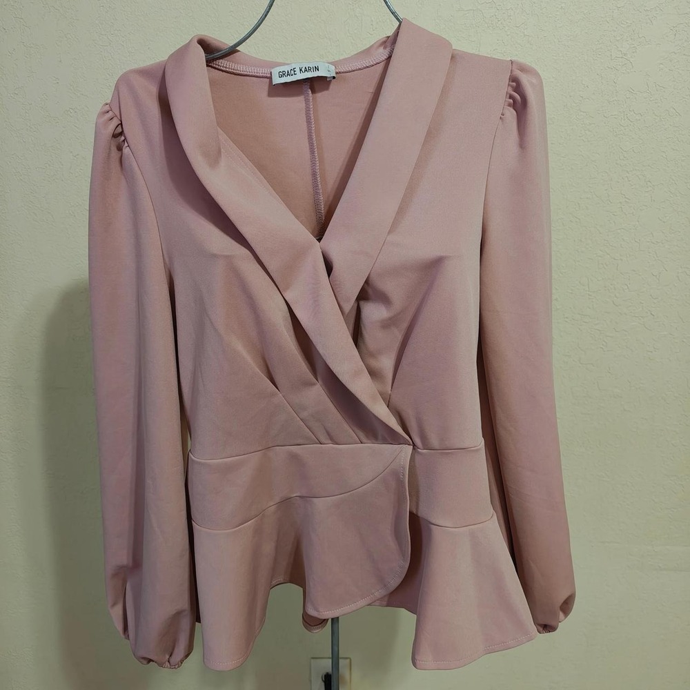 Grace Karin Pink Long Sleeve Ruffle Peplum Blouse Wrap V-Neck Top Small